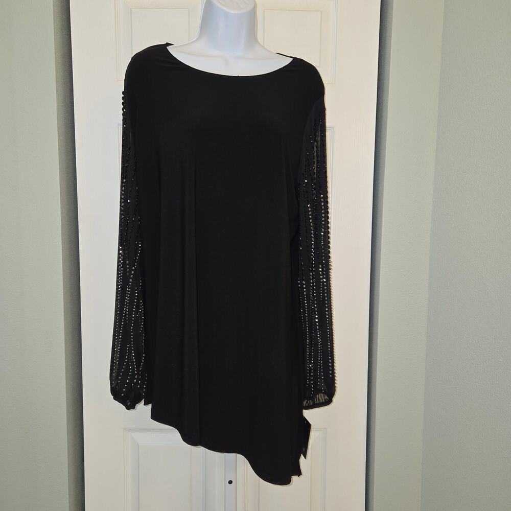 Marina Beaded Asymmetrical Hemline Long Sleeve Jeweled Top  Sz 16  NWT